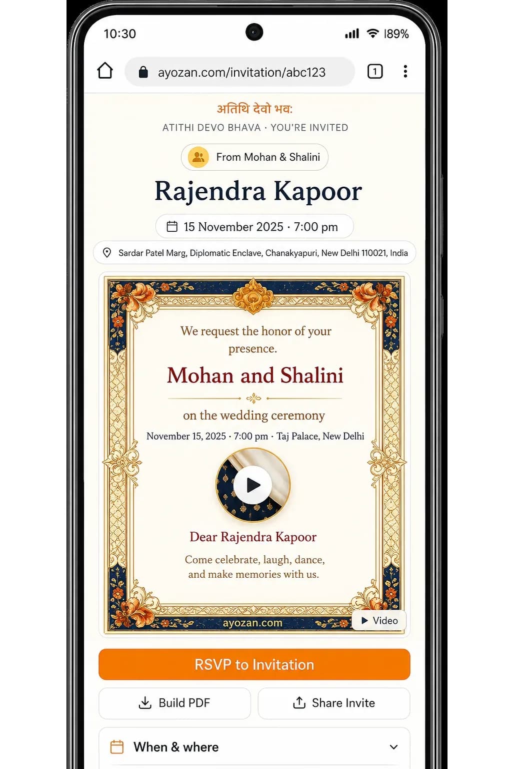 A guest opening their personal invitation link and tapping to RSVP, shown on a phone
