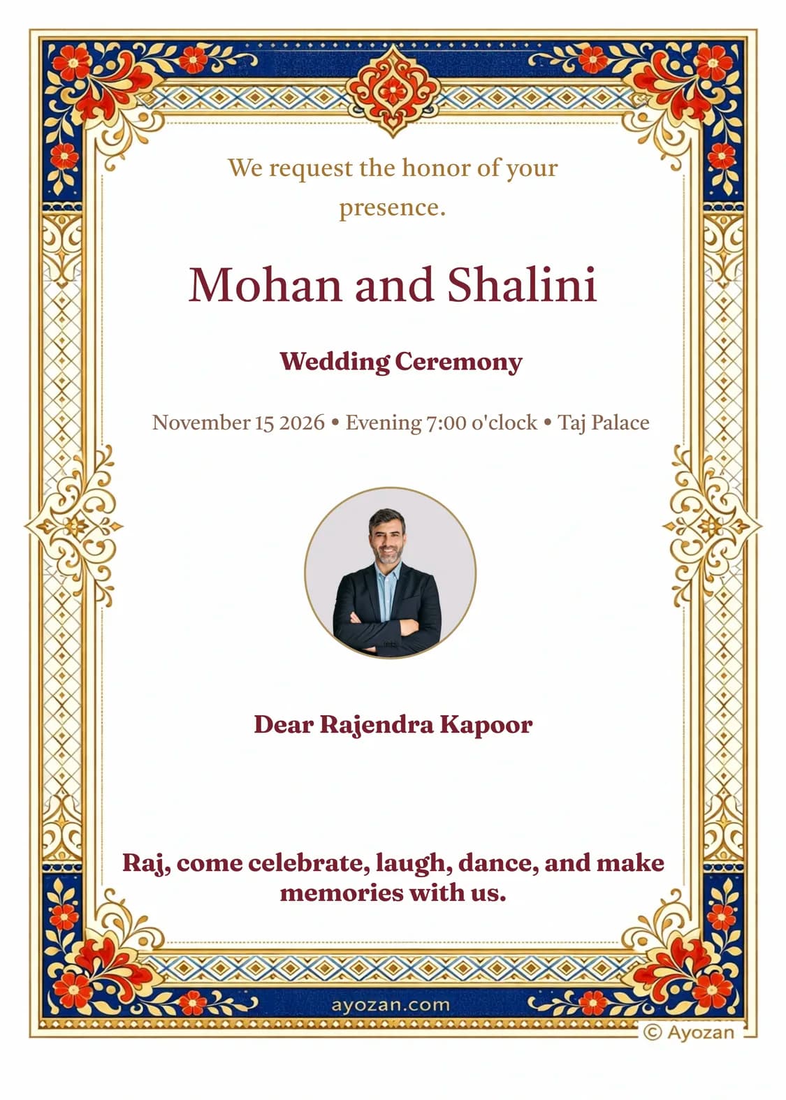 Personalized English wedding invitation for Rajendra Kapoor