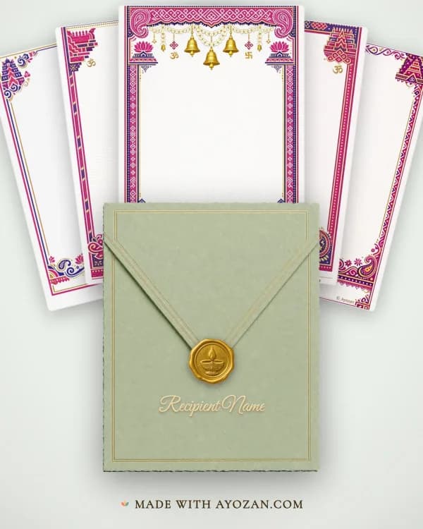 Thanjavur gold-relief wedding invitation made in Ayozan, personalized with the guest's name on the envelope