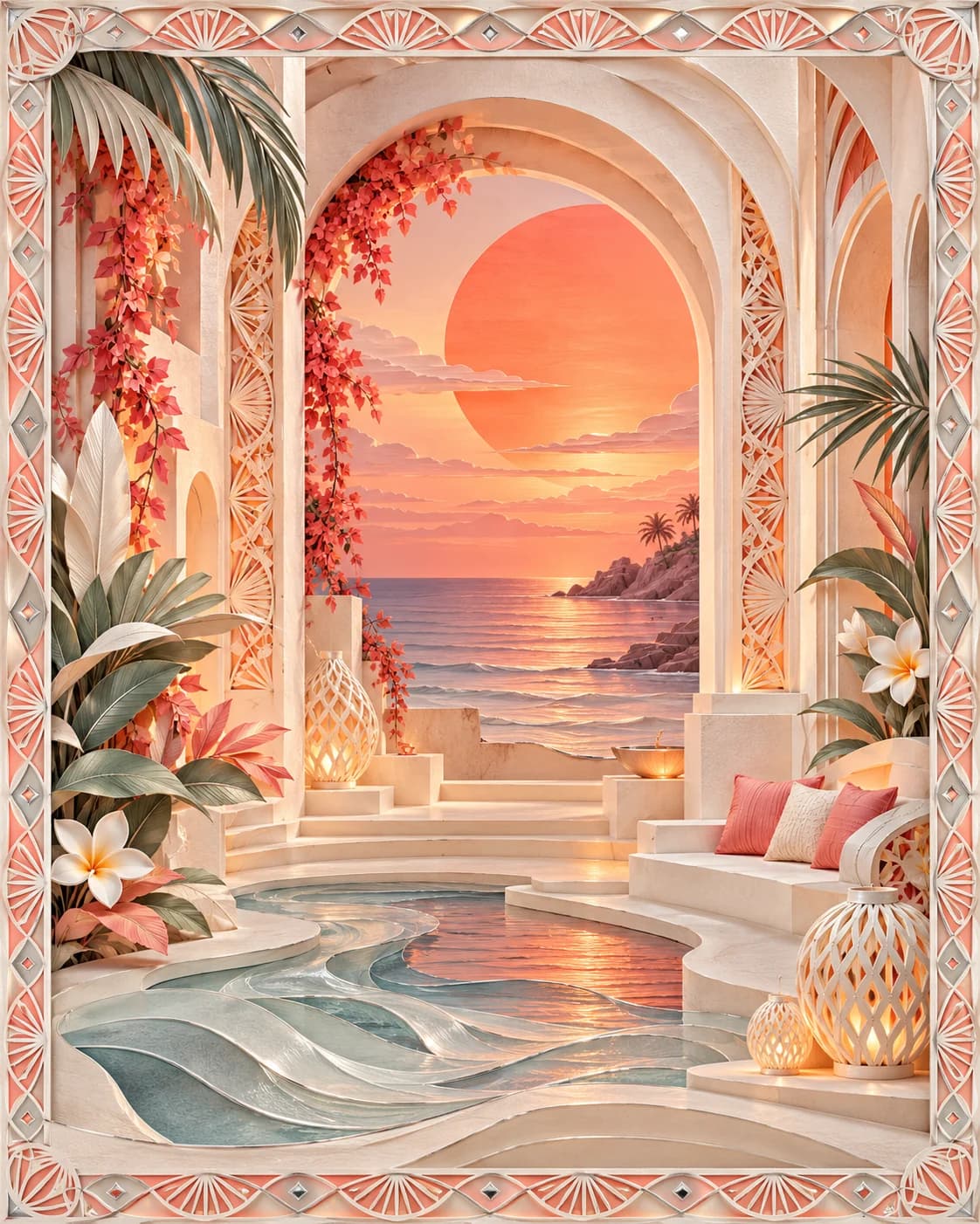 Sculpted coral sunset forms, pearl paper waves and fine chrome-edged cutwork create a dimensional coastal birthday invitation.
