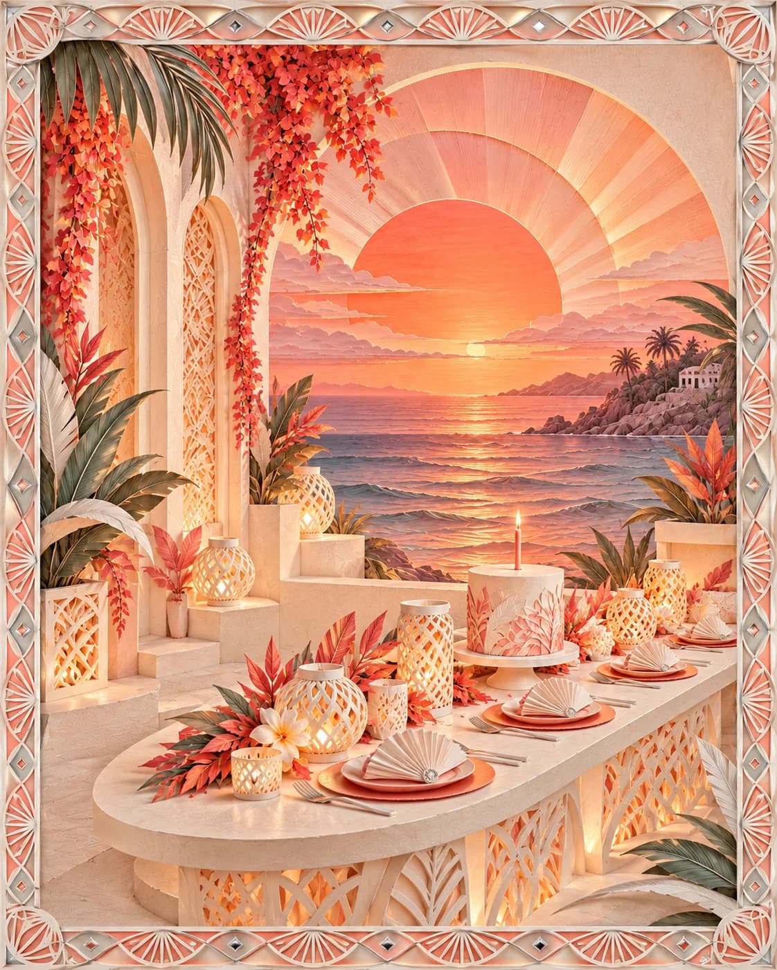 A sunset celebration becomes an evening of warm light and rhythmic sculpted waves, held within the suite’s coral and pearl paper frame.