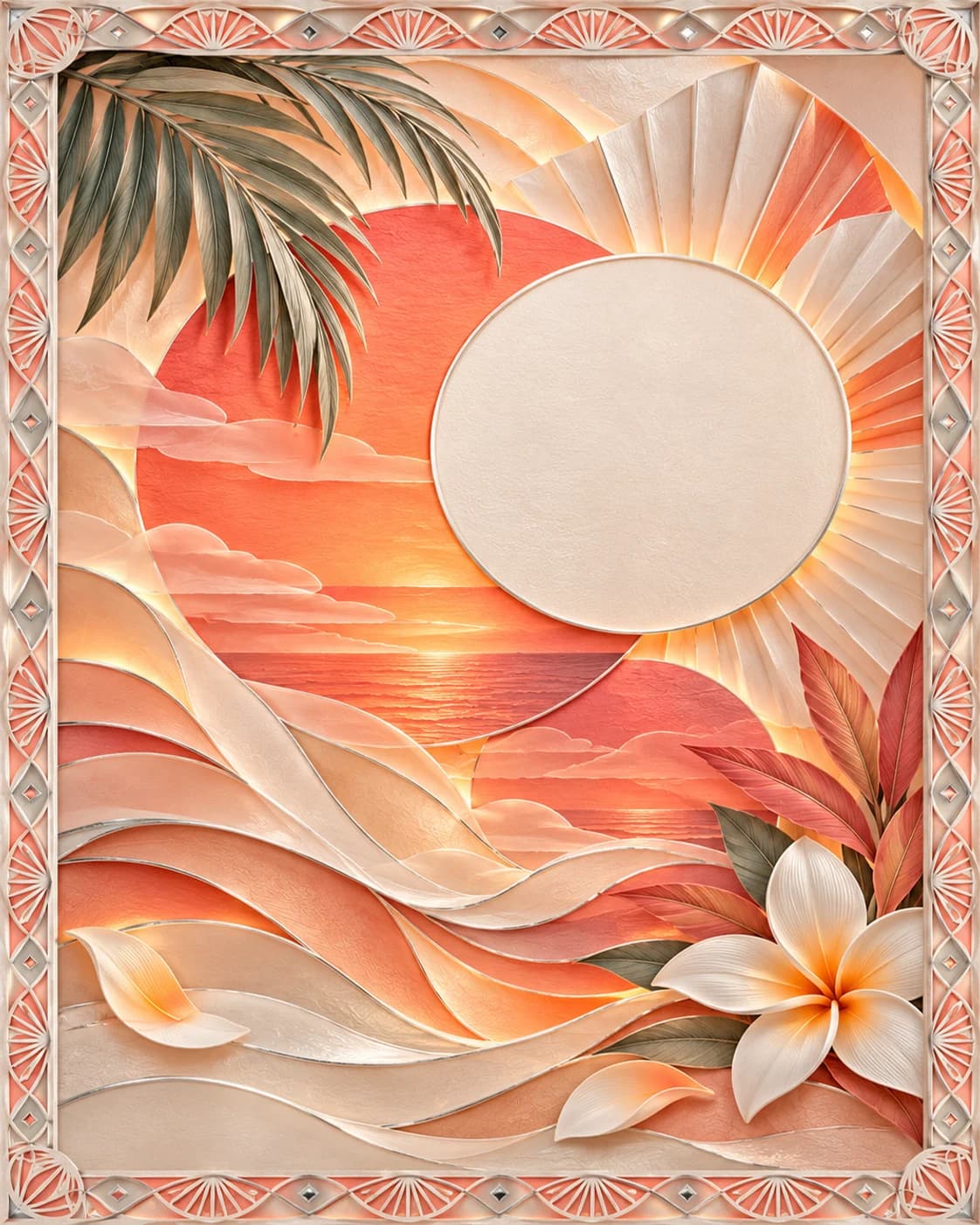 A sculpted sunset keepsake and delicate pearl paper waves sit within coral and chrome-edged geometric cutwork.