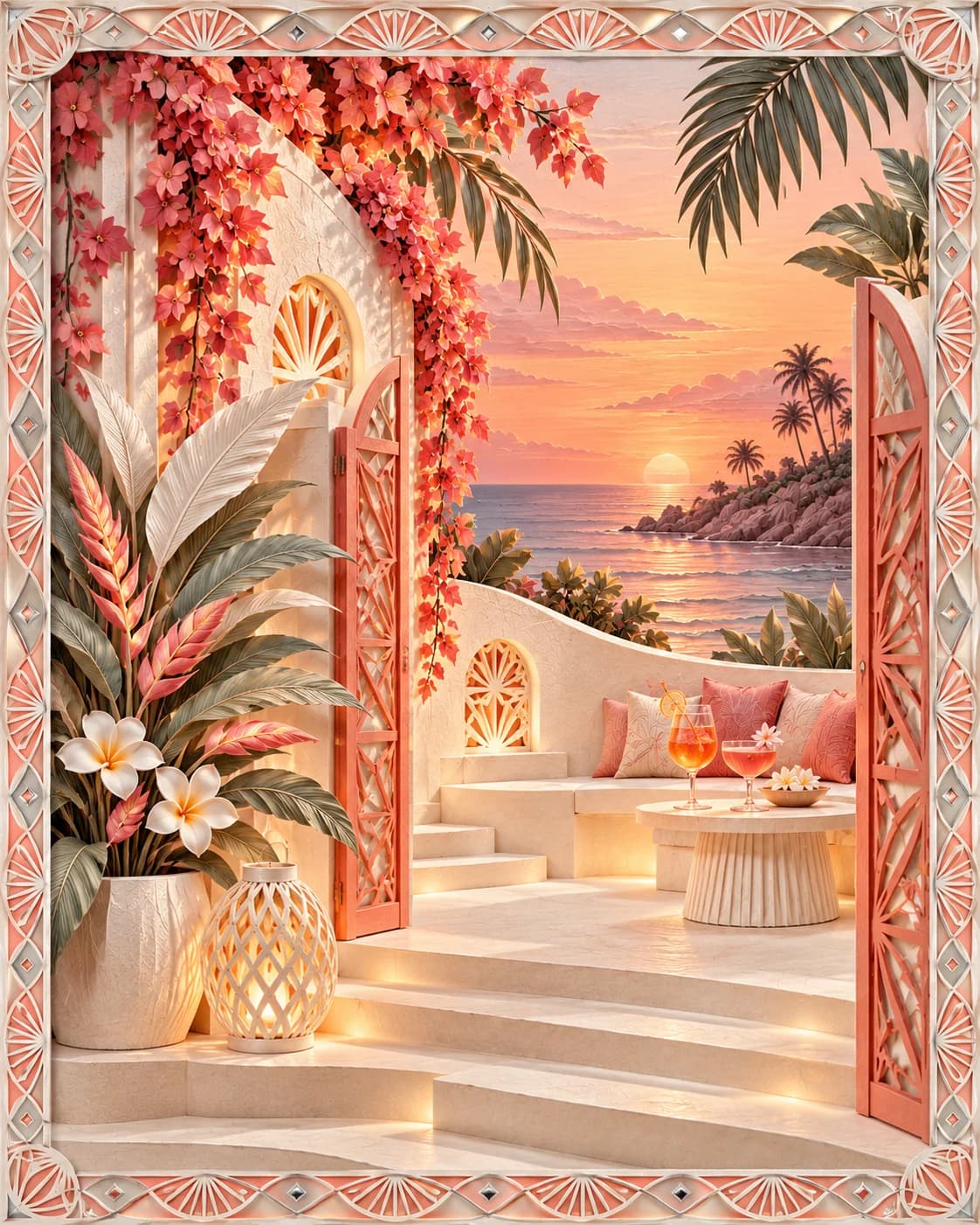 A welcoming coastal scene in sculpted pearl paper, framed by coral wave forms and the same precise chrome-edged cutwork.