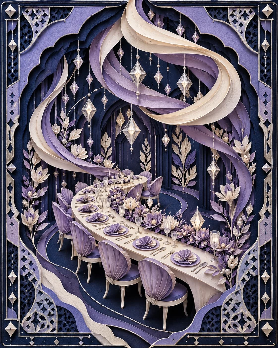 A luminous midnight celebration in layered lilac paper, surrounded by silver orbital arcs, constellation details and a coherent sculpted lattice.
