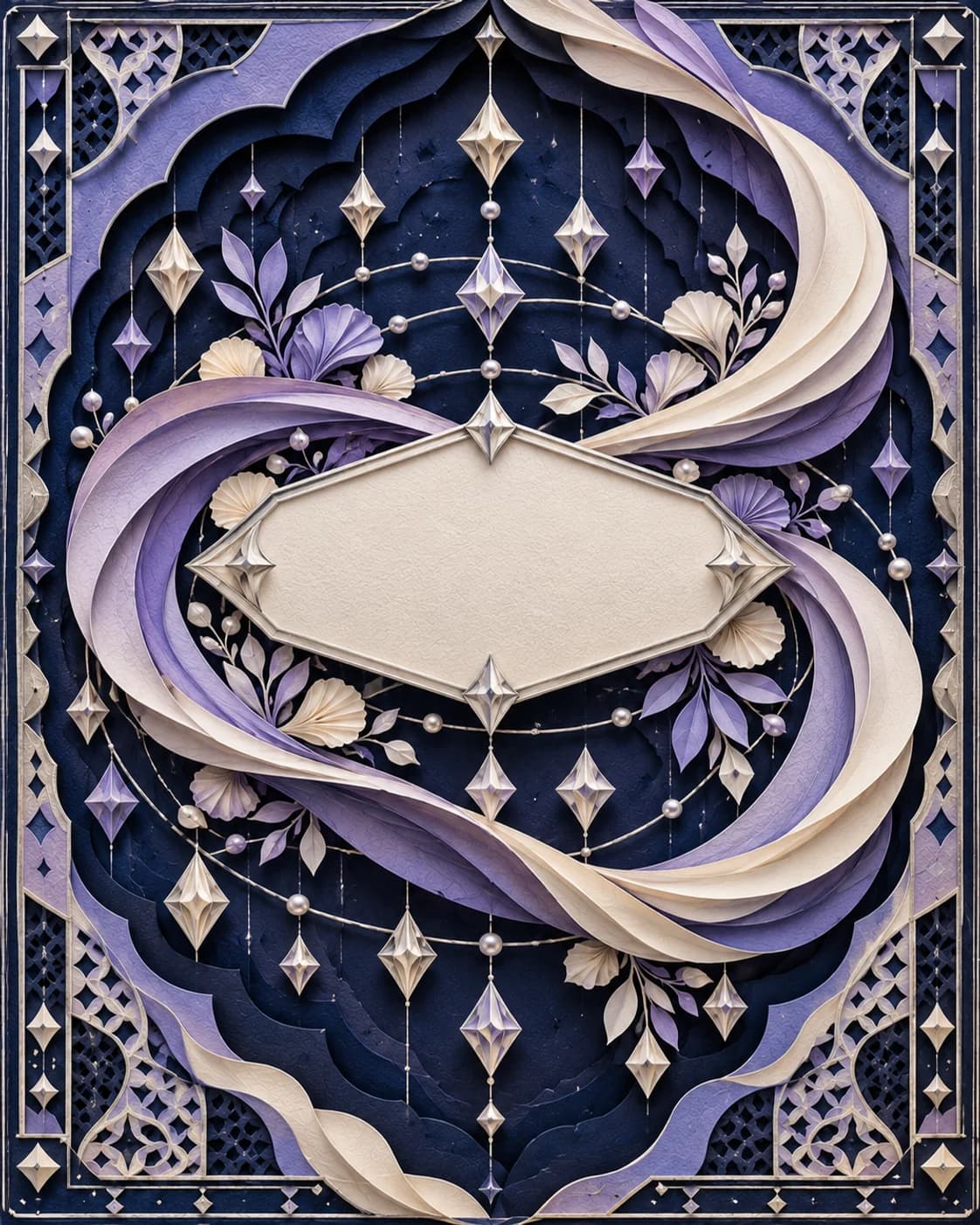 An ivory keepsake plaque floats among silver orbital ribbons and sculpted constellations, within a precise midnight paper-cut frame.