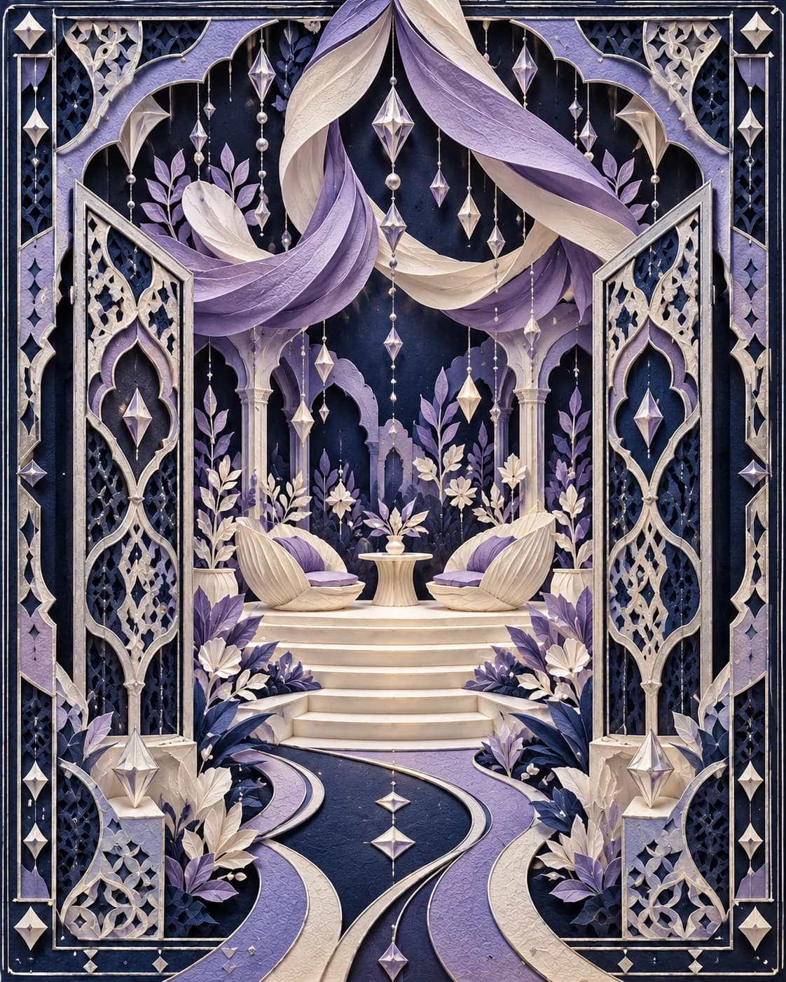 An intimate welcome unfolds beneath suspended silver and lilac paper forms, with the suite’s midnight constellation and delicate cutwork.