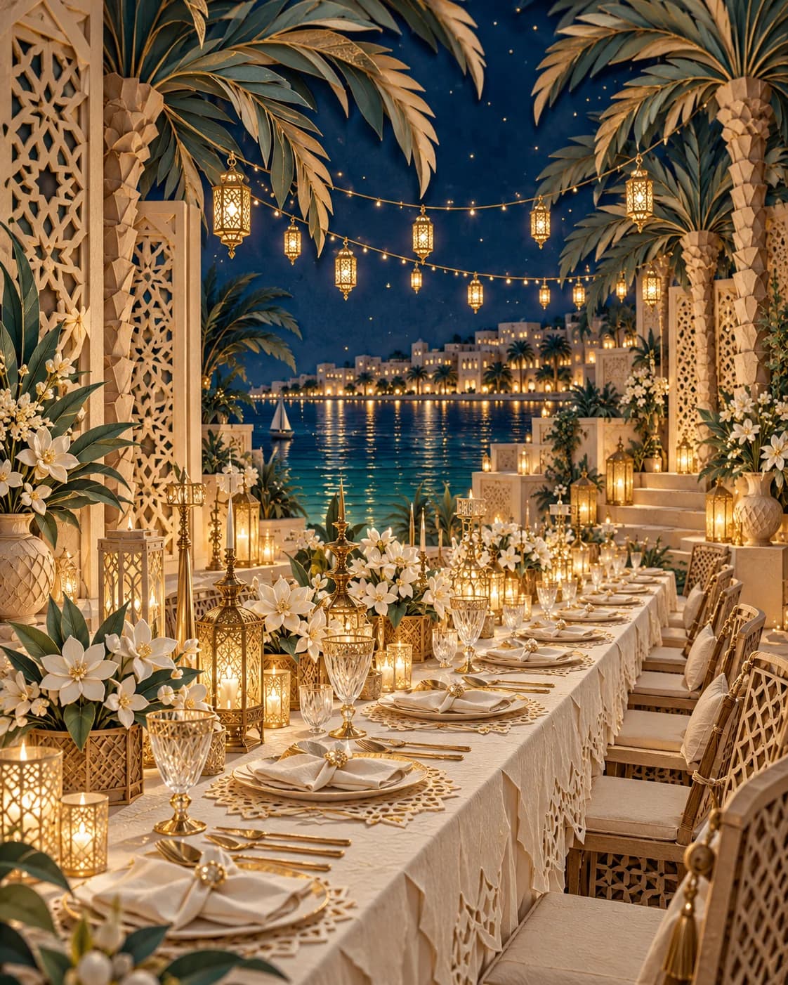A long waterfront wedding dinner beneath hanging lanterns and palms, with golden cutwork, white flowers and deep blue evening water.