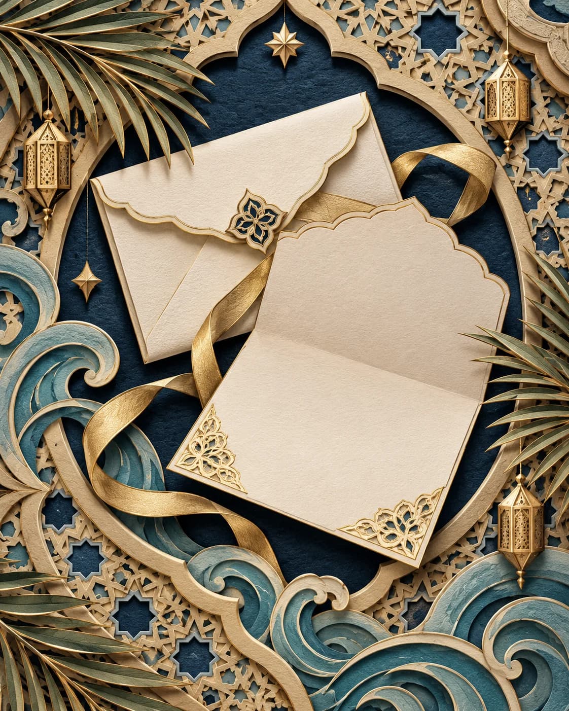 An ivory envelope and blank folded letter with gold ribbon, framed by sculpted blue waves, palms, lanterns and sandstone lattice.