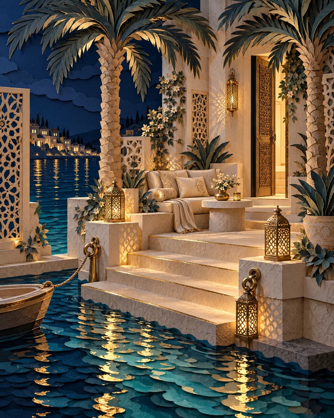Lantern-lit waterfront steps lead from a moored boat to a cushioned welcome terrace, with palms, ivory screens and a golden doorway.