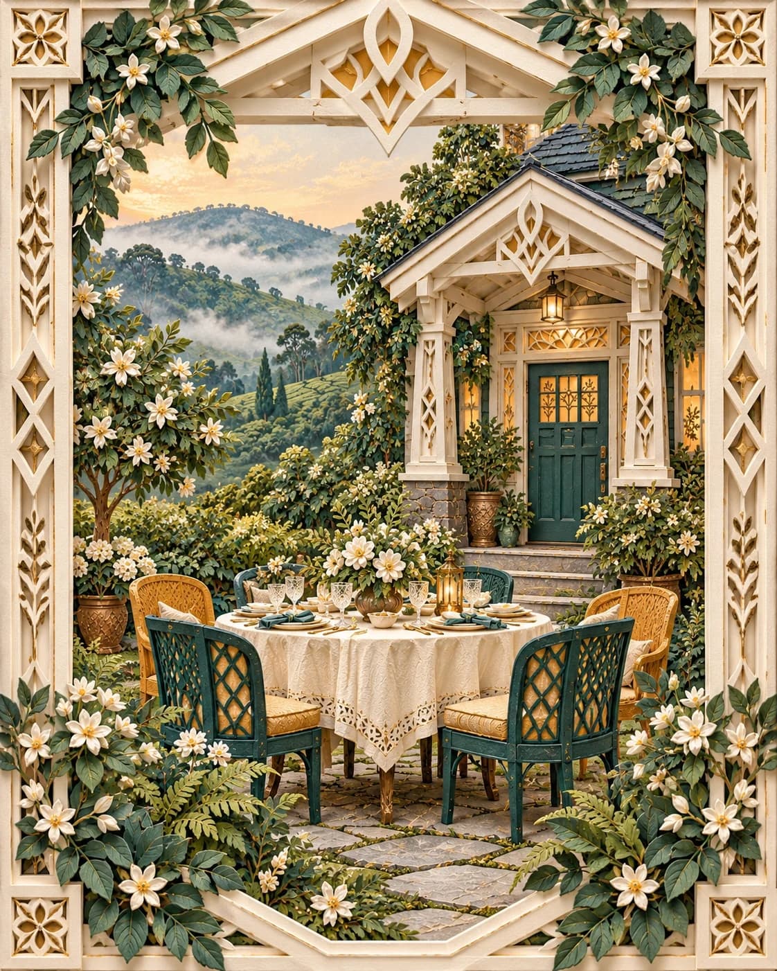 A housewarming lunch table beside a teal-doored cottage, with teal and ochre chairs, misty Nilgiri hills and an ivory diamond-cut doorway frame.