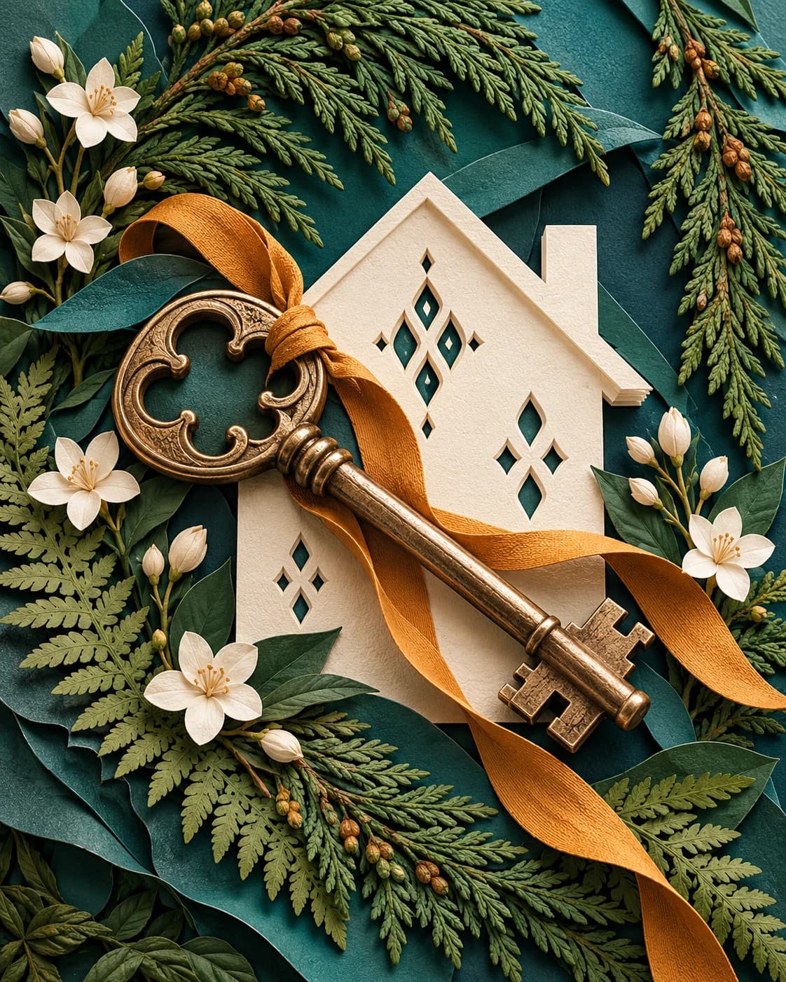An ornate bronze key tied with ochre ribbon rests on an ivory cutwork house, amid cedar sprigs and white flowers on teal paper.