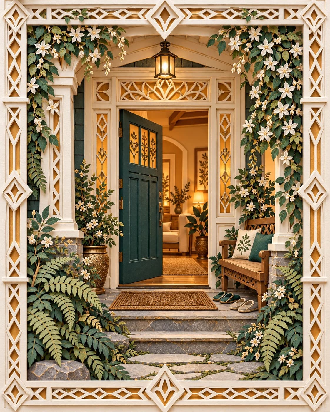 A layered teal doorway and bronze-edged cutwork frame a sculpted hill-home welcome with a wooden bench, slippers and white flowers.