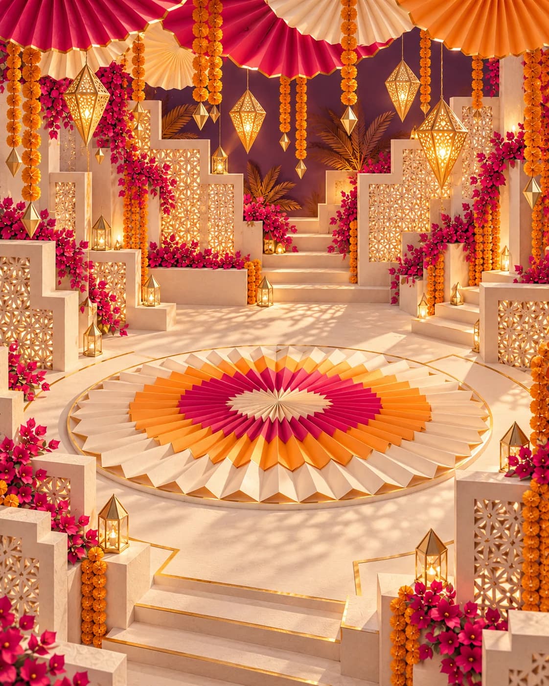 A sculpted evening dance courtyard glows inside marigold and fuchsia rhythmic paper folds, with coherent ivory jaali and gold-edged facets.