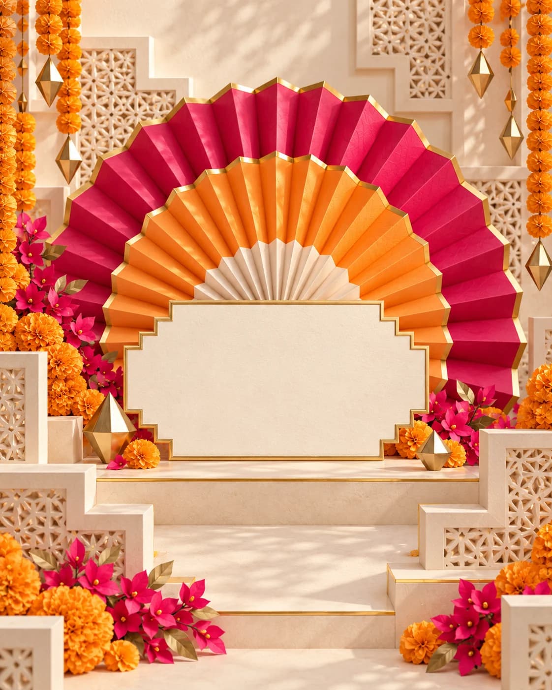 A sculpted keepsake sits among marigold and fuchsia paper folds, held in an ivory geometric jaali with precise gold edges.