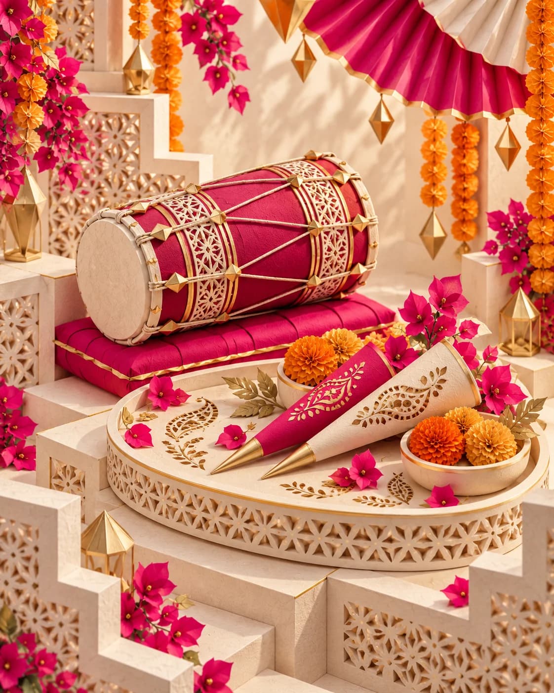 Mehendi and music details form a joyful dimensional welcome, within the same marigold, fuchsia and ivory geometric cutwork frame.