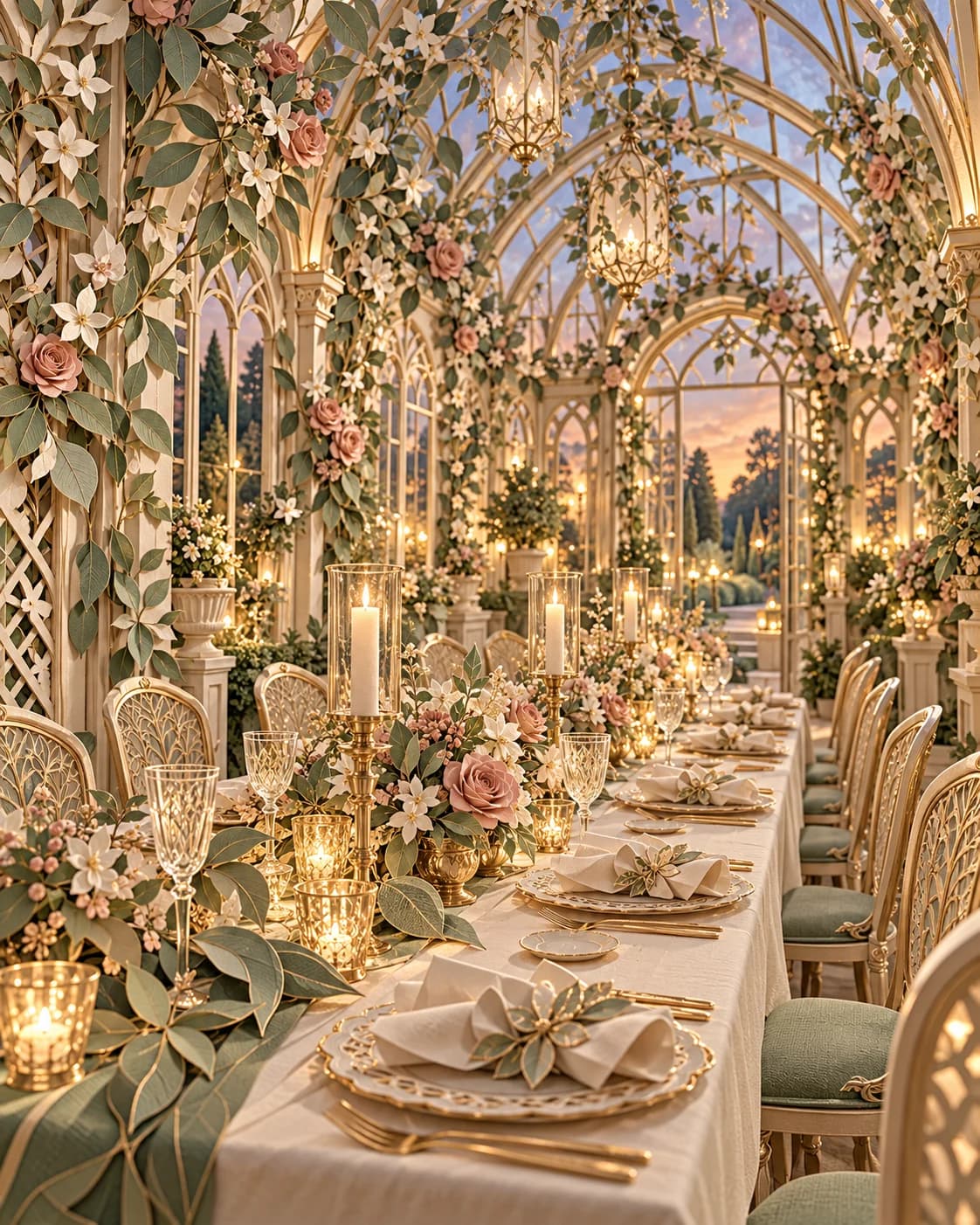 A candlelit celebration table inside a glass conservatory at sunset, with blush roses, jasmine, sage chairs and champagne-gold cutwork.