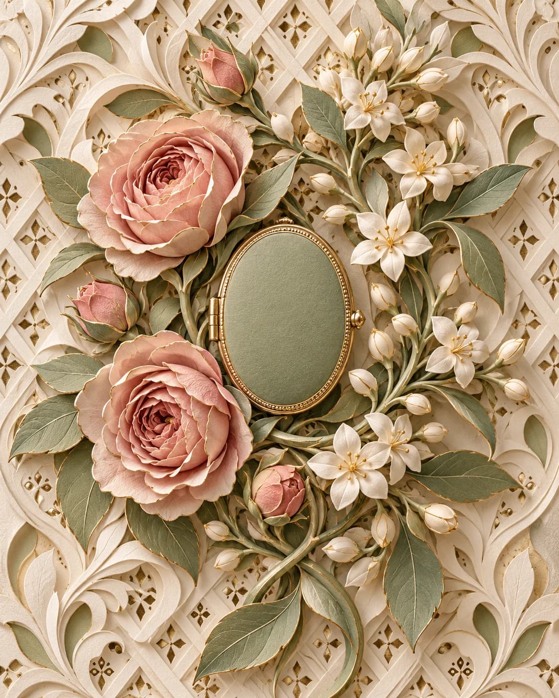 Sculpted blush roses, white jasmine and sage leaves surround a gold-edged oval keepsake on an intricate ivory cutwork background.