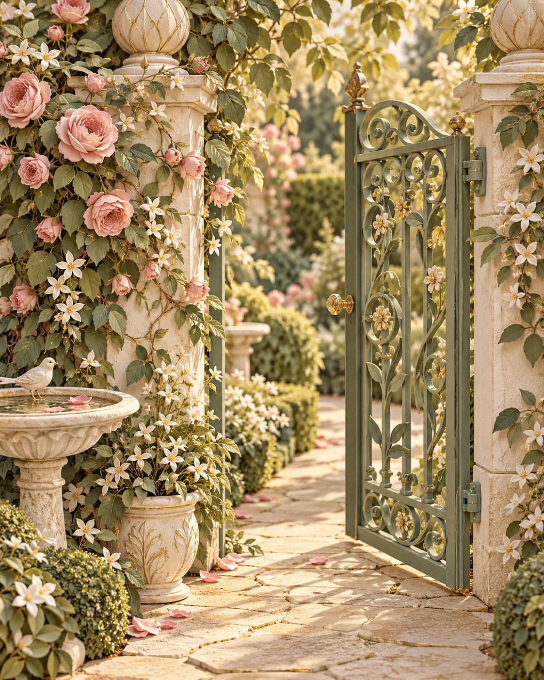 An open sage-green iron gate between rose-covered stone pillars reveals a sunlit garden path, beside jasmine and a birdbath.