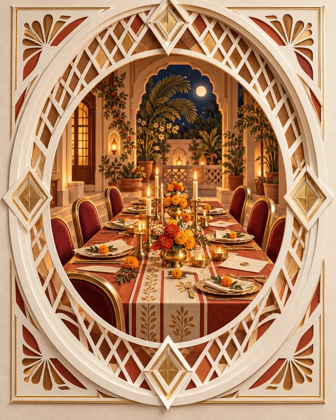 A sculpted anniversary dinner table with claret chairs, marigolds and candles sits within a champagne-edged terracotta lattice frame.