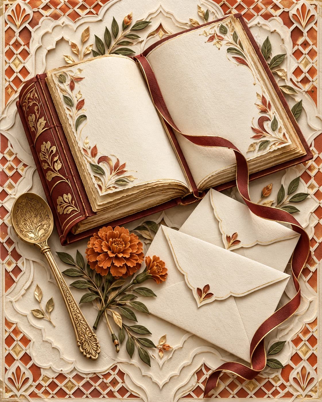 An open keepsake book with blank floral pages, letter envelopes and an ornate spoon, surrounded by marigolds and terracotta lattice.