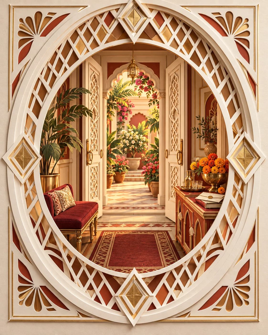 Layered ivory doors and terracotta cutwork frame a family welcome with a claret seat, drinks and sculpted marigolds.