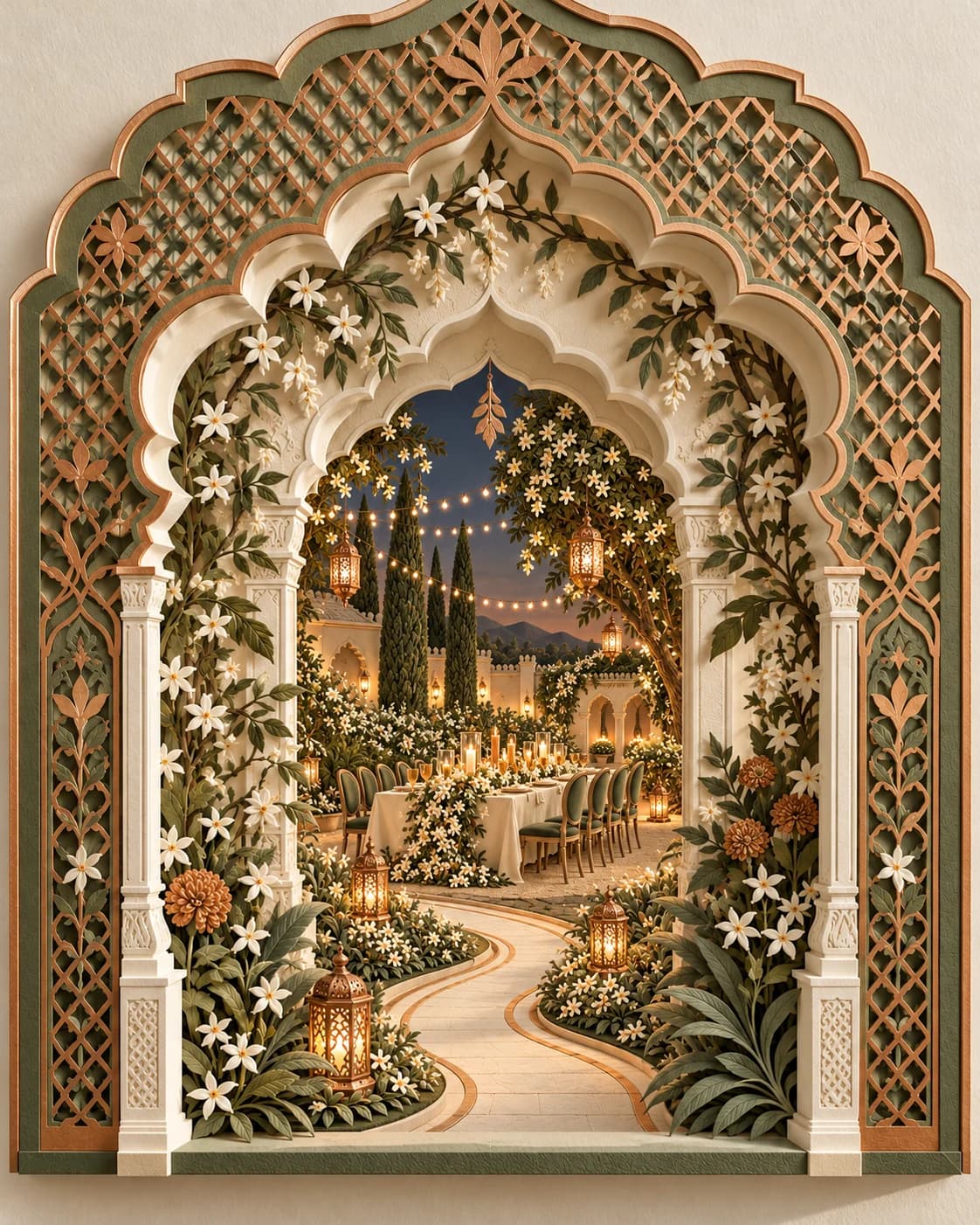 An evening garden dinner beneath copper lanterns and warm string lights, framed by layered ivory jasmine and the suite’s sage cutwork arch.