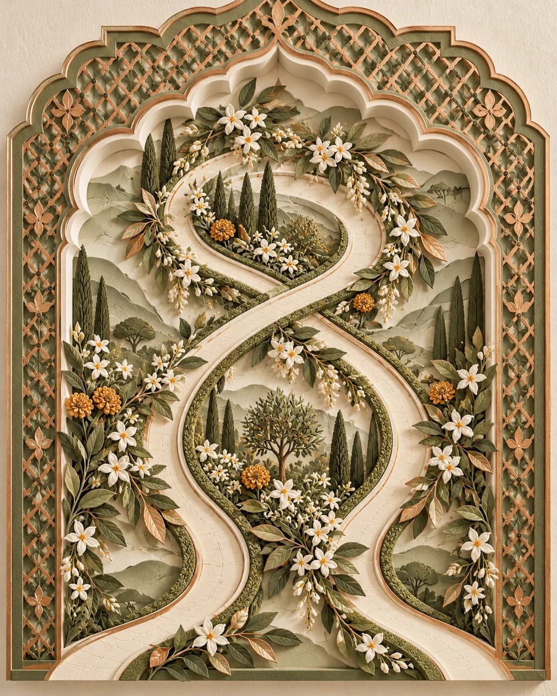 Two ivory garden paths intertwine in a figure eight among sculpted flowers and hills, framed by copper-edged sage lattice.