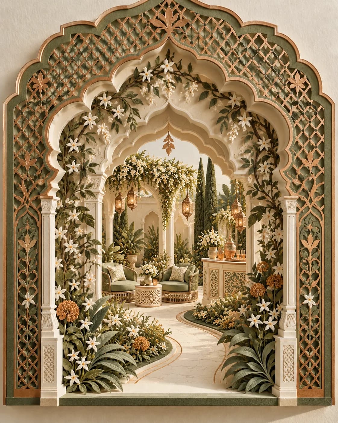 A flower-lined path leads to sage lounge chairs and a welcome console in a Hyderabad courtyard, within copper-edged lattice and sculpted ivory arches.