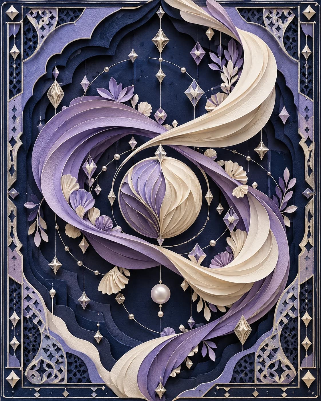 Floating lilac paper ribbons, midnight constellations and precise silver facets form a dimensional engagement invitation.