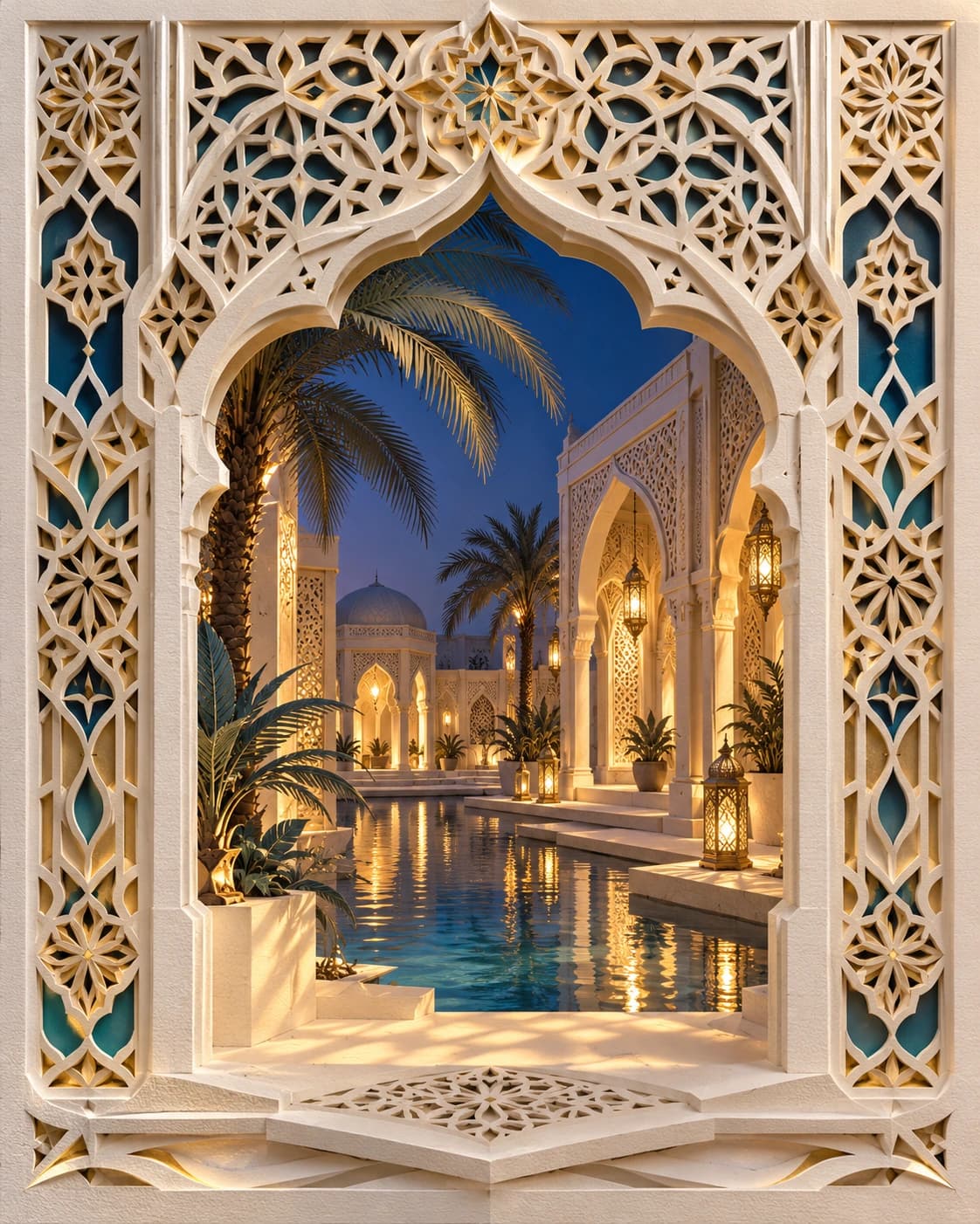 An imagined waterfront courtyard at dusk, with delicate arches, date palms, warm lanterns and deep blue water.