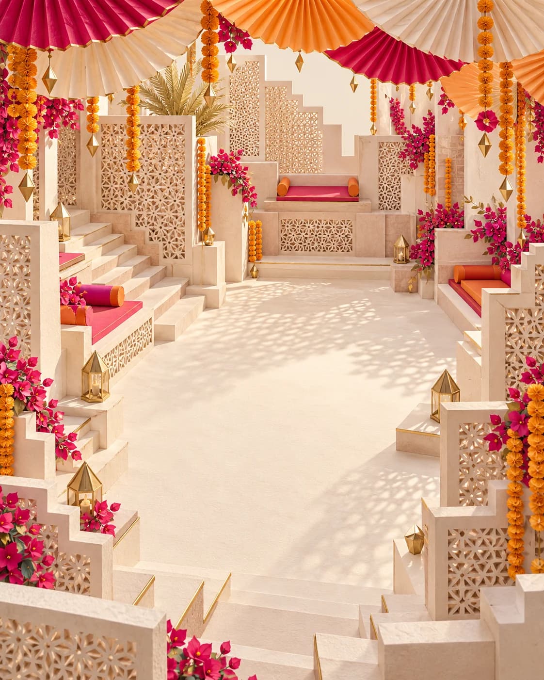 Marigold and fuchsia geometric paper cutwork, rhythmic folds and fine gold facets frame an imagined Jaipur celebration courtyard.
