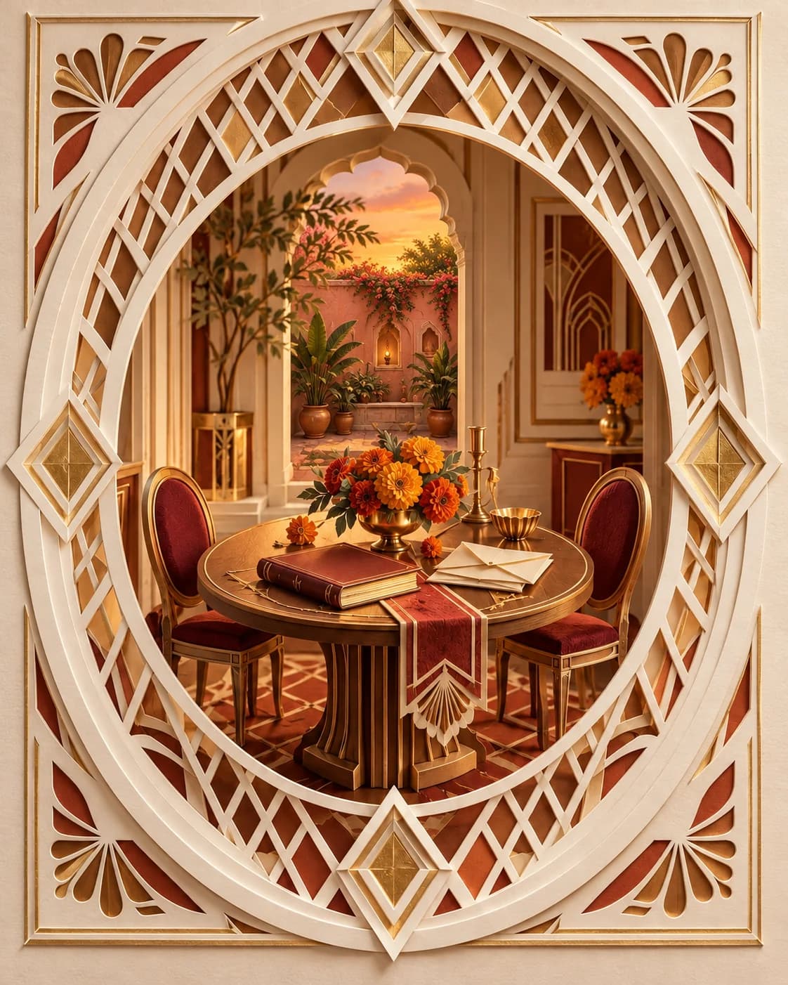 An intimate anniversary table with handwritten letters, a family recipe book, marigolds and candlelight in a sculpted family dining room in Pune.