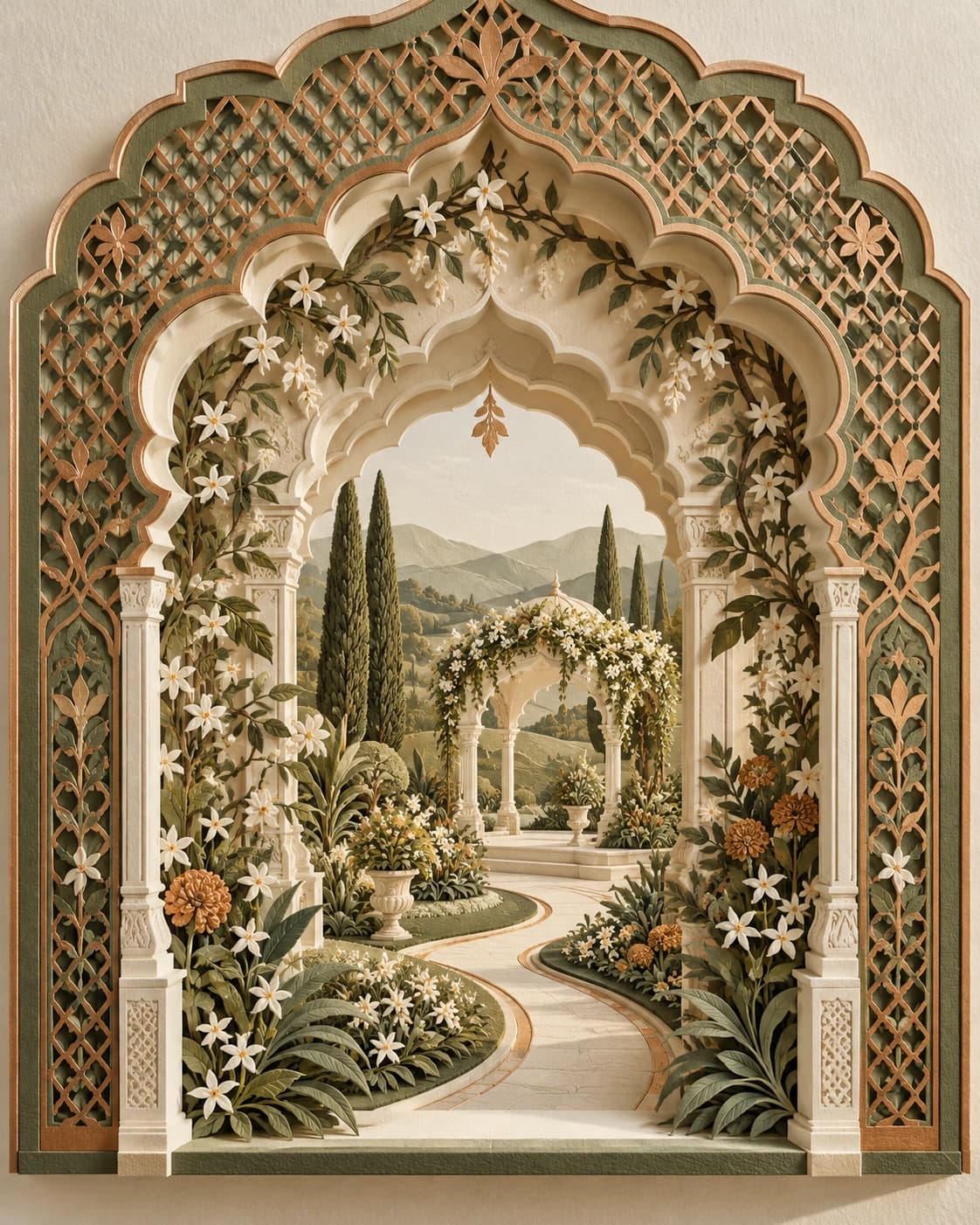 An imagined garden pavilion in a Hyderabad courtyard, framed by Indian courtyard flowers and two intertwining paths.