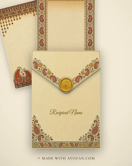 Ajrakh Mehndi — Living Invitation — envelope, as the guest receives it