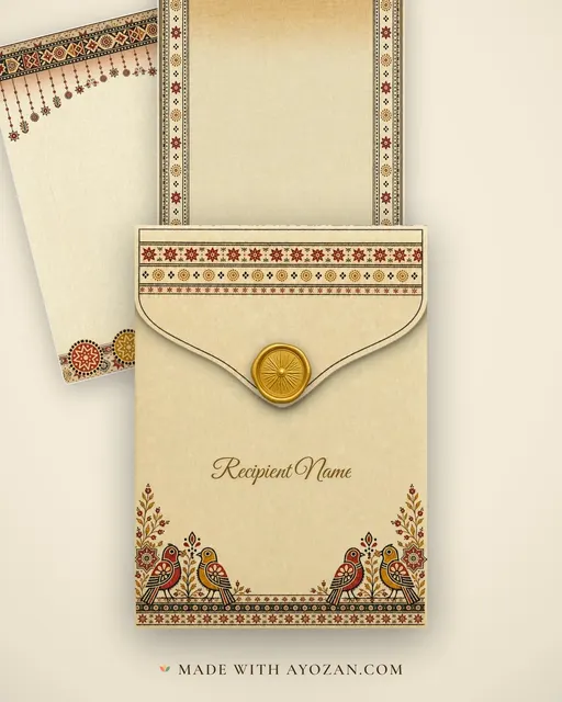 Ajrakh Moti — Living Invitation — envelope, as the guest receives it