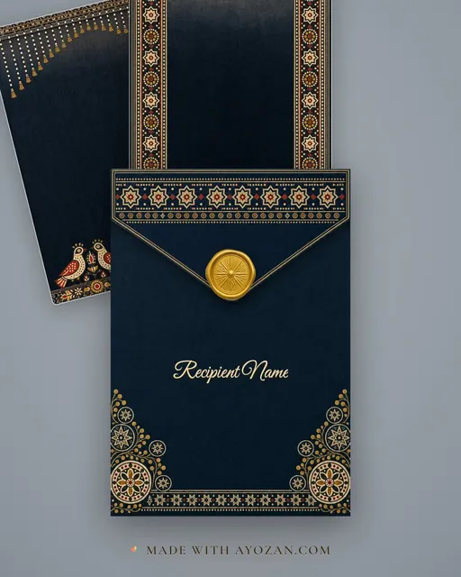 Ajrakh Raat — Living Invitation — envelope, as the guest receives it