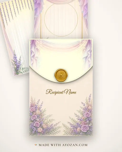 Lavender Dawn Mandap — Living Invitation — envelope, as the guest receives it
