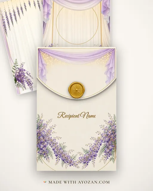 Wisteria Gold Mandap — Living Invitation — envelope, as the guest receives it