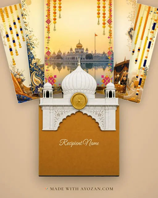 Anand Karaj Golden Morning — Living Invitation — envelope, as the guest receives it