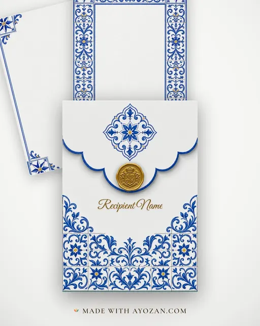 Azulejo Goan Wedding — Living Invitation — envelope, as the guest receives it