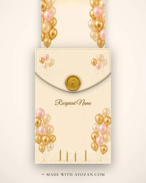 Golden Balloons — Living Greeting — envelope, as the guest receives it