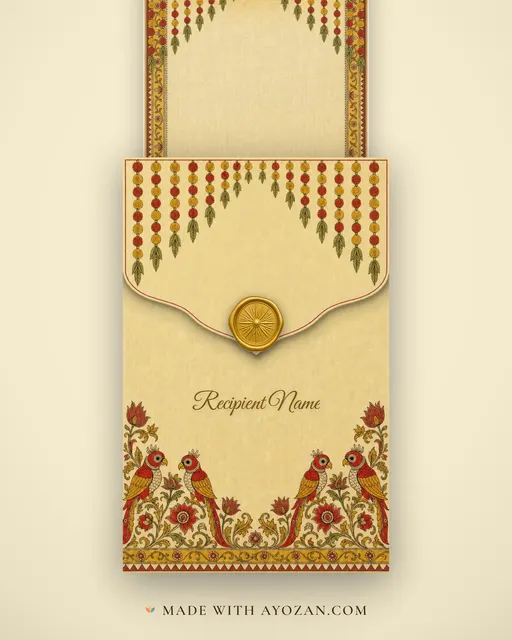 Kalamkari Subham — Living Greeting — envelope, as the guest receives it