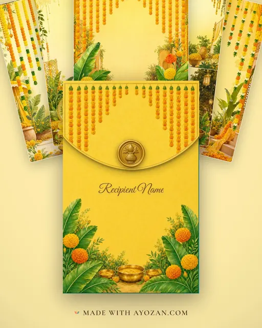 Haldi Marigold Courtyard — Living Invitation — envelope, as the guest receives it