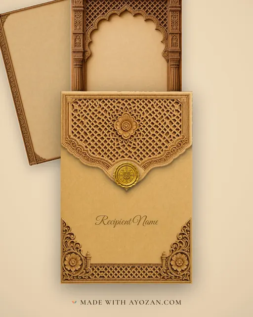 Haveli Jharokha Gujarati Wedding — Living Invitation — envelope, as the guest receives it