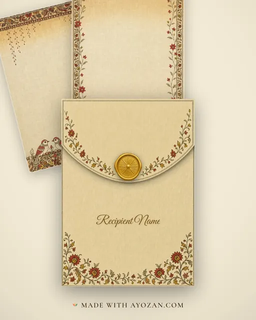 Kalamkari Ivory — Living Invitation — envelope, as the guest receives it