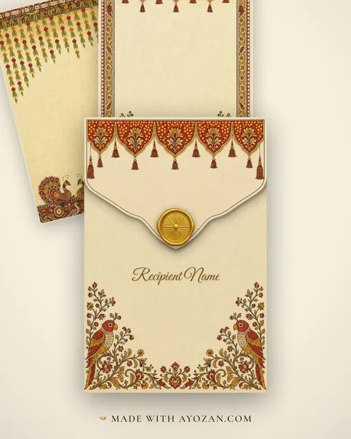 Kalamkari Kalyanam — Living Invitation — envelope, as the guest receives it