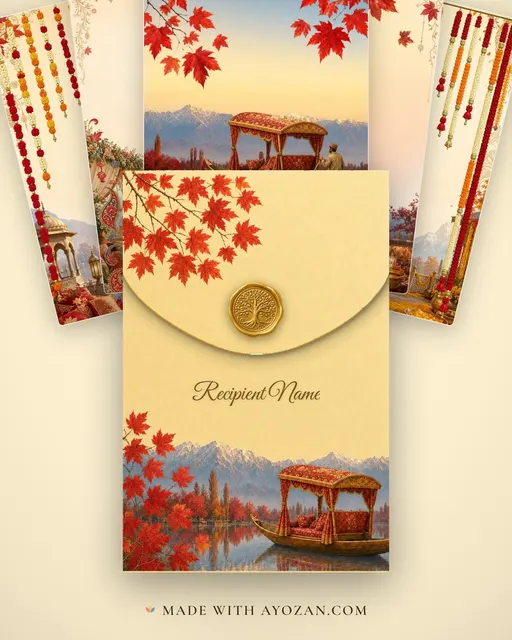 Kashmir Shikara Autumn — Living Invitation — envelope, as the guest receives it