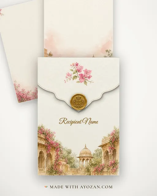 Mahal Watercolour Wedding — Living Invitation — envelope, as the guest receives it