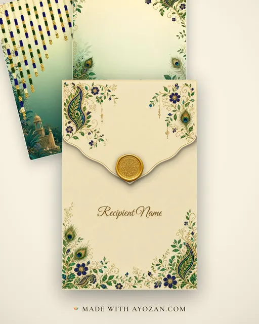 Peacock Mehndi — Living Invitation — envelope, as the guest receives it
