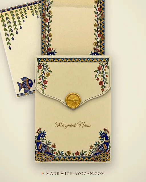 Mithila Griha Pravesh — Living Invitation — envelope, as the guest receives it